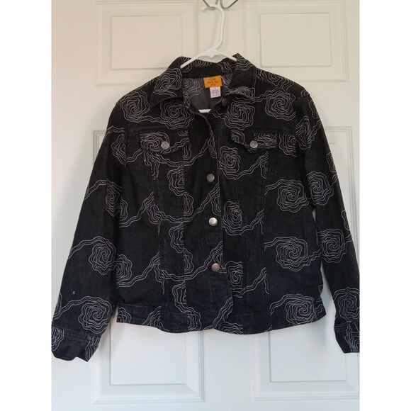 Ruby Rd Black Denim Jacket Rounded Edge Embroidered Abstract Design Size 16P EUC - Picture 3 of 6